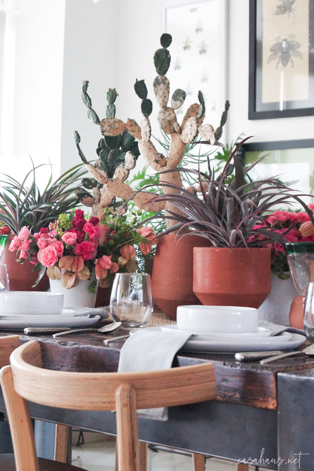 Detalle de mesa con macetas con nopales, bromelias y flores rosas