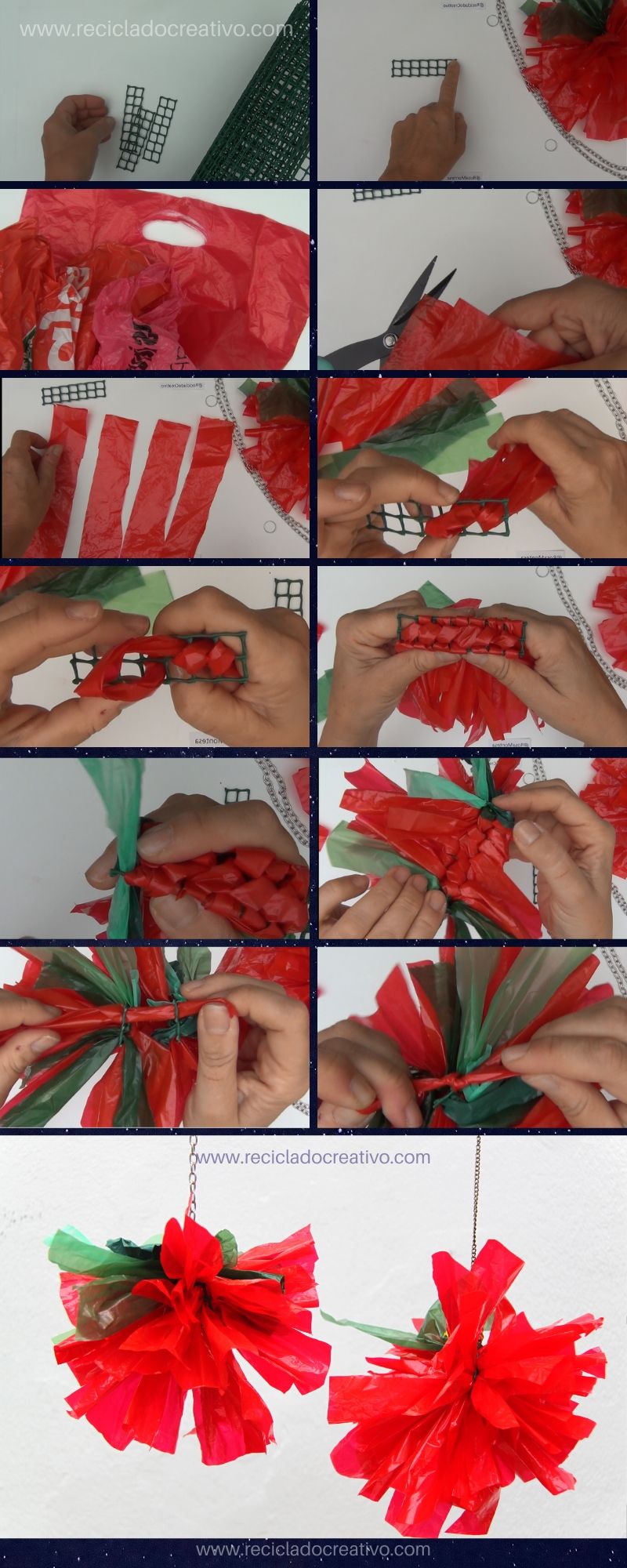 Paso a paso: flores de Navidad hechas con bolsas de plástico de color rojo