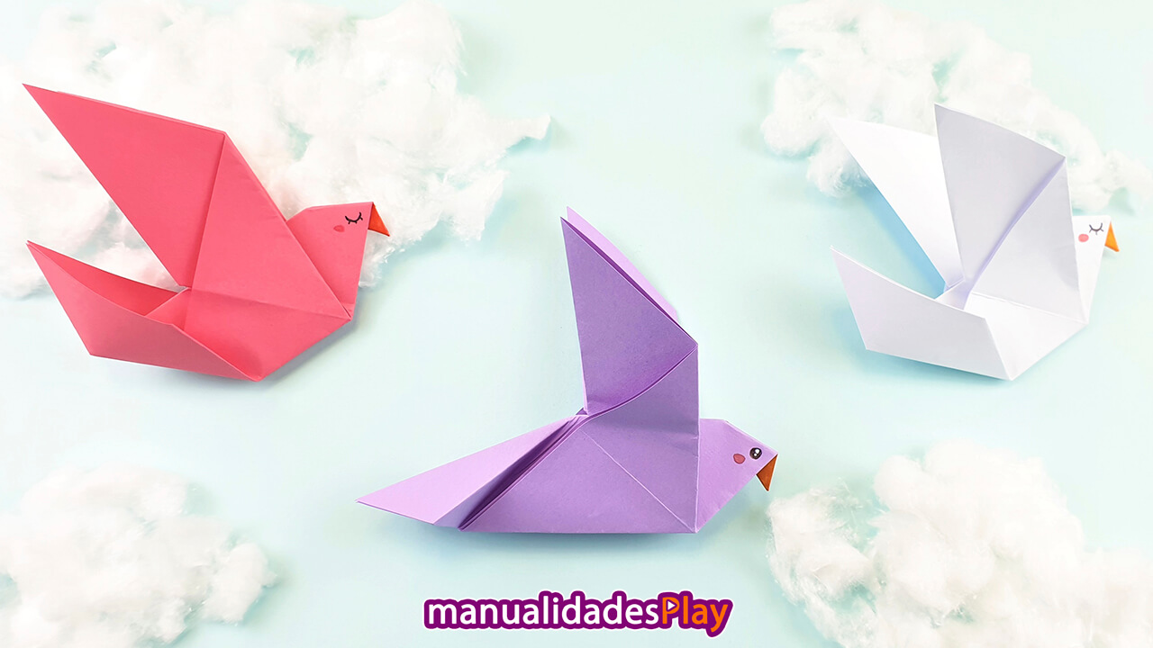 3 palomas de origami fácil de colores rosa, morado y blanco