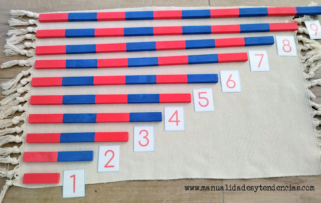 Barras rojas y azules y números rojos Montessori