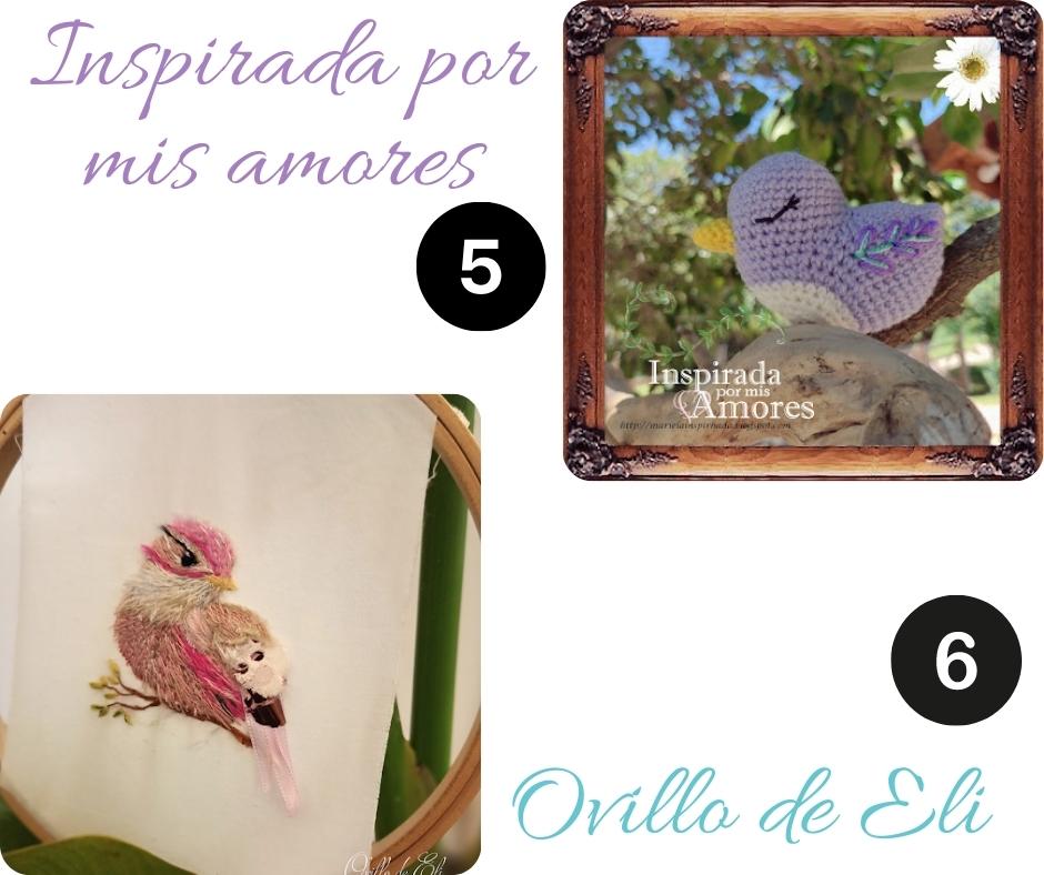 Collage con imagen del pájaro amigurumi de Mariela y el nombre de su blog en la parte superior y debajo el nombre del blog de Eli y su proyecto de pajarillo bordado