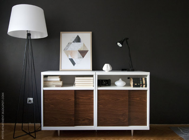 Ikea Besta Hack Mid century modern cabinet DIY idea for living room with astorp lamp stand and dark grey walls