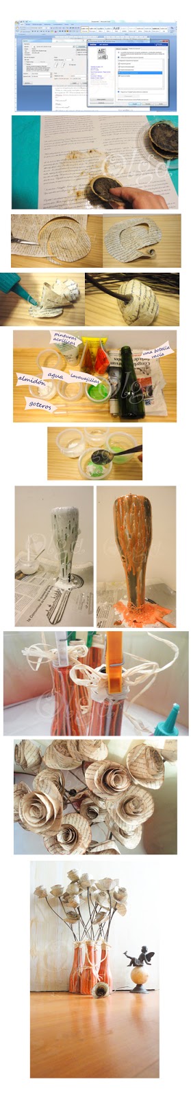 tutorial pintar botellas de cristal y flores de papel imitando libro antiguo