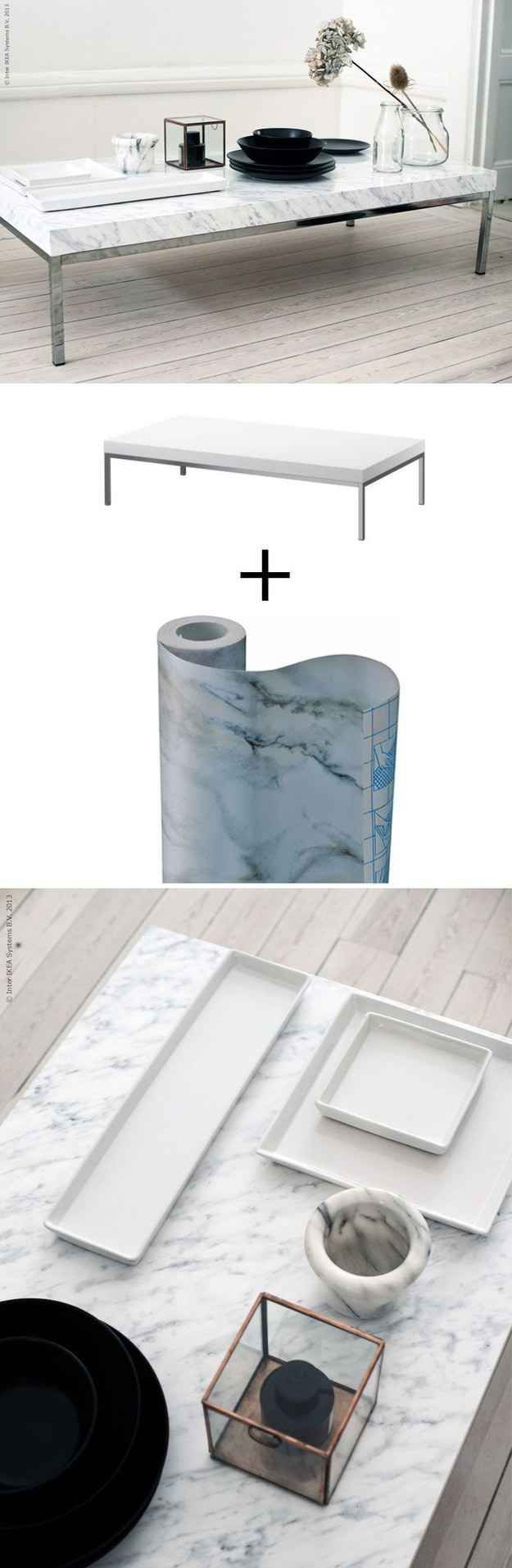 Cover the Klubbo coffee table ($49.99) with marble contact paper.