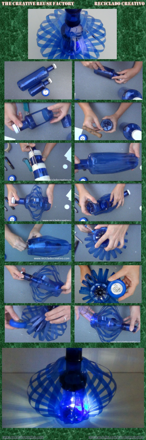 Lámpara realizada con dos botellas de plástico pet de color azul