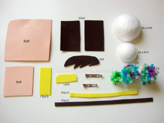 piezas y medidas para hacer fofubroches con pompones