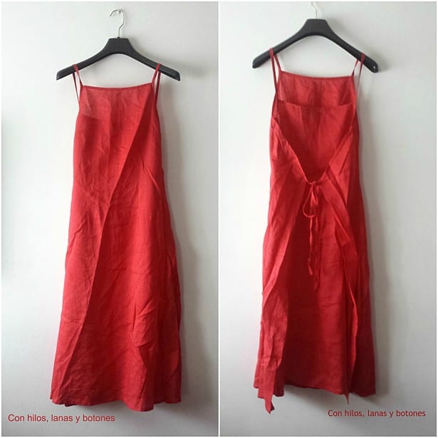 Con hilos, lanas y botones: blusa roja de lino con escote en pico